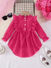 1pc Girls Solid Color Ruffle Hem Front Short Back Long Soft Woven Fabric Fashion Dress, Fall/Winter